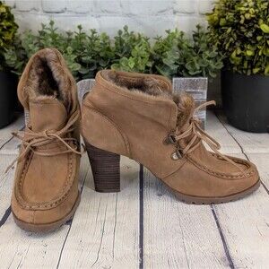 AUDREY BROOKE Rylee Tan Leather Fur Lined Lace-Up Heeled Boots